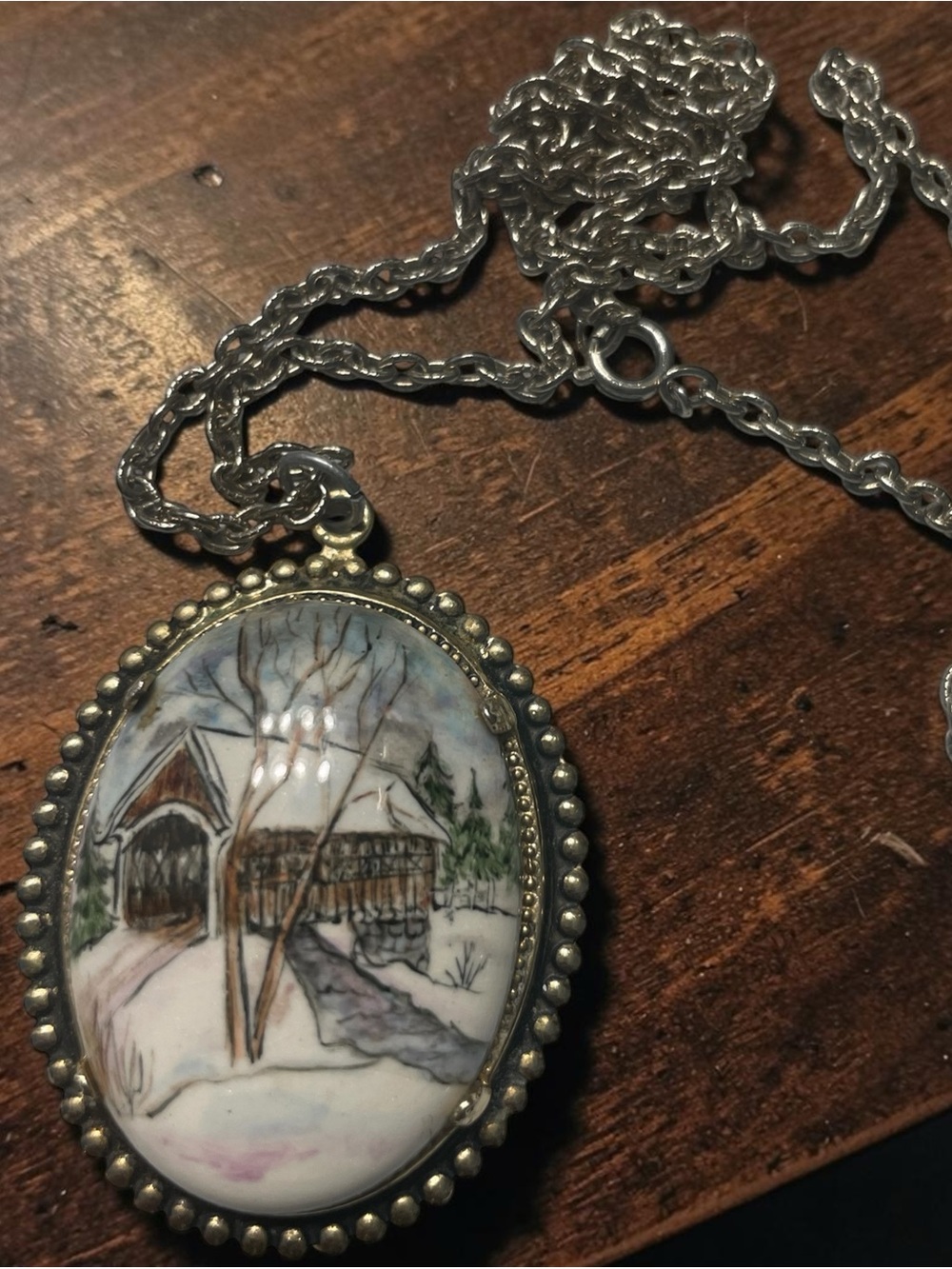 Vintage Hand Painted Porcelain Cabochon Covered Bridge Winter Scene